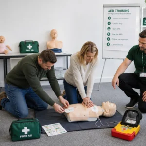Learners practising CPR and using an Automated External Defibrillator (AED) during an accredited AED training course with a qualified First Aid instructor.