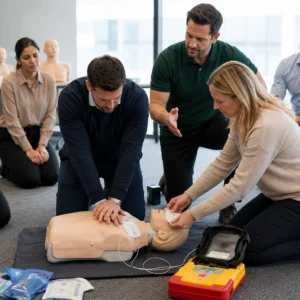Qualified First Aid instructor delivering on-site Automated External Defibrillator (AED) training to employees using CPR manikins and AED training equipment.