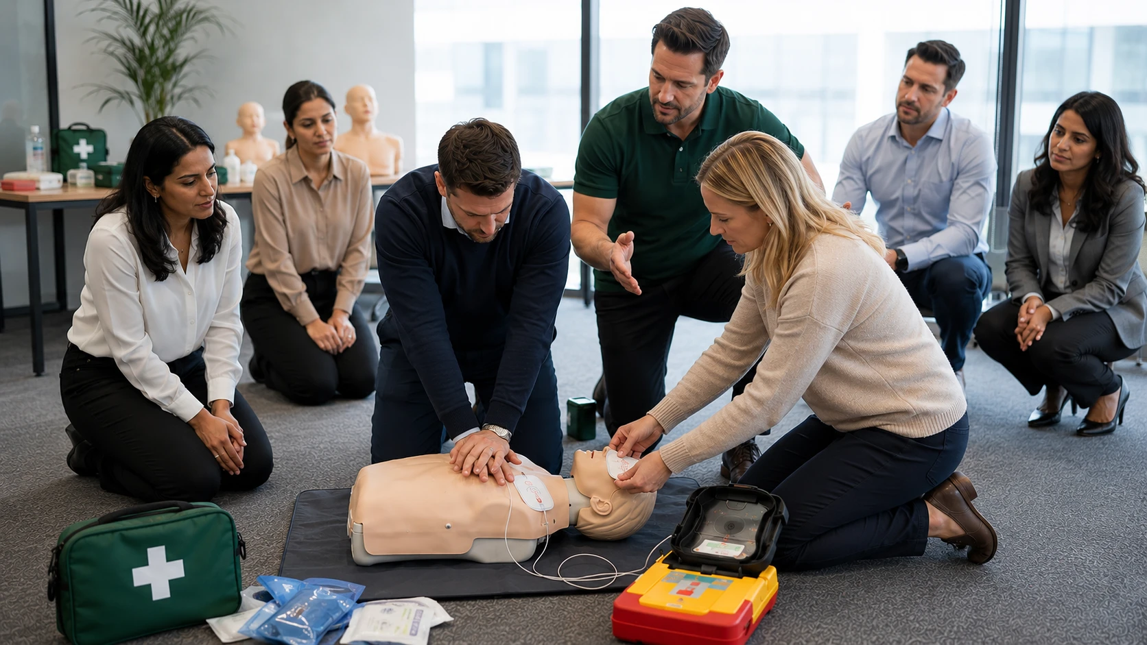 Qualified First Aid instructor delivering on-site Automated External Defibrillator (AED) training to employees using CPR manikins and AED training equipment.