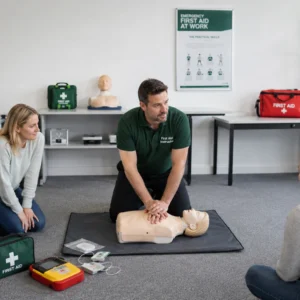 Learners practising CPR and emergency response techniques during an Emergency First Aid at Work (EFAW) course with a qualified First Aid instructor.