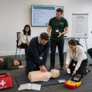 Qualified First Aid instructor delivering Emergency First Aid at Work on-site training to employees at their workplace using CPR manikins and AED training equipment.