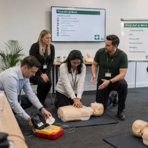 Qualified First Aid instructor delivering on-site First Aid at Work training to employees at their workplace using CPR manikins and AED training equipment.
