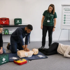Learners refreshing CPR and workplace First Aid skills during a First Aid at Work Requalification course with a qualified instructor.