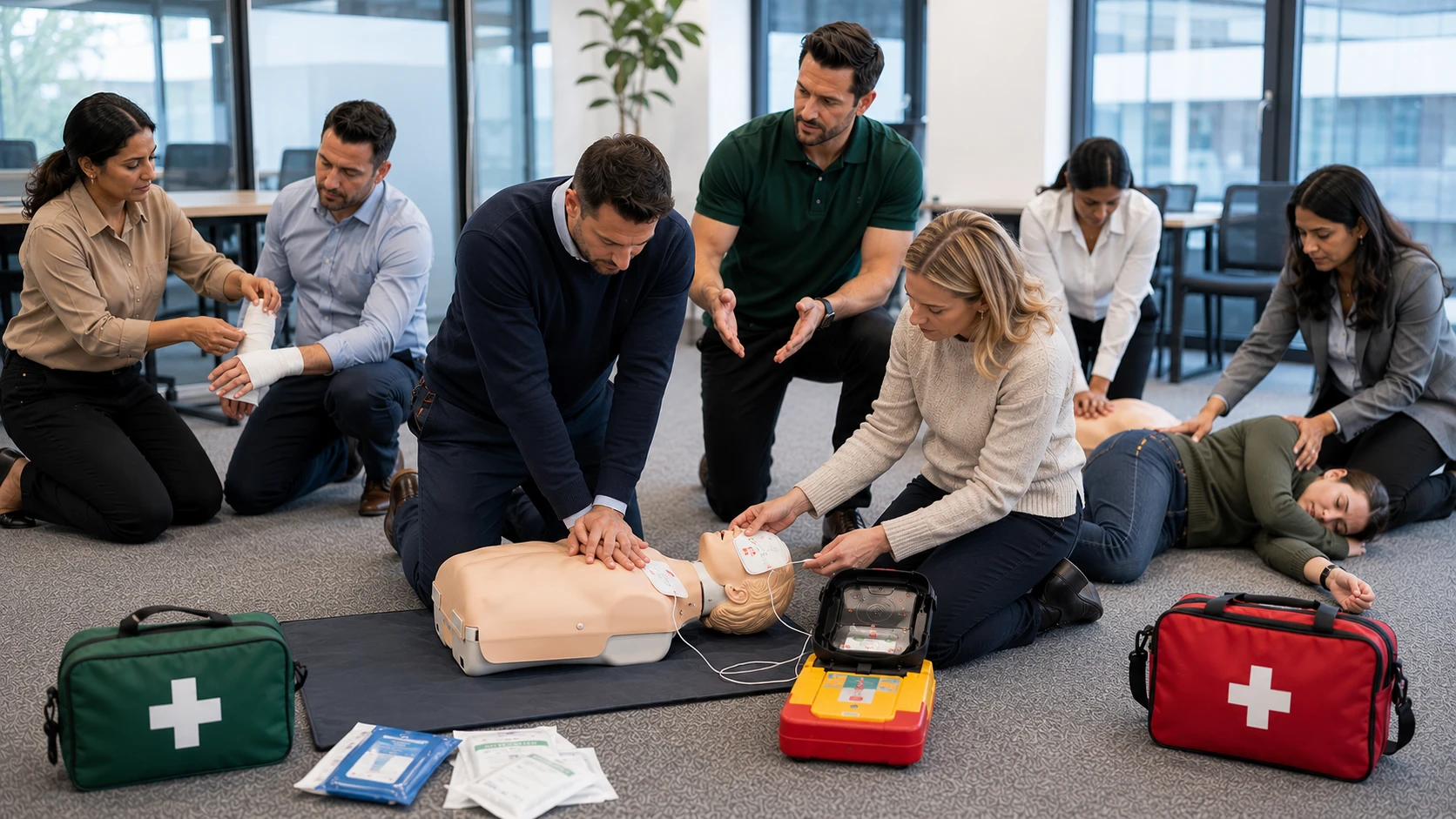 Qualified First Aid instructor delivering First Aid at Work Requalification on-site training to employees using CPR manikins and AED training equipment.