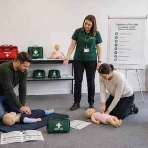 Learners practising infant and child CPR during a Paediatric First Aid course with a qualified First Aid instructor.