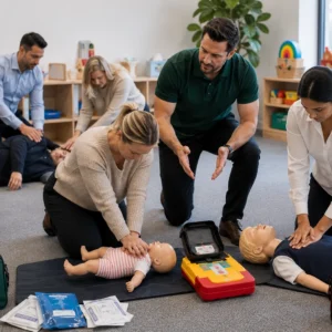 Qualified First Aid instructor delivering on-site Paediatric First Aid training with infant and child CPR manikins for workplace learners.