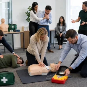 Qualified First Aid instructor delivering Schools First Aid on-site training to teachers and school staff using child CPR manikins and AED training equipment.